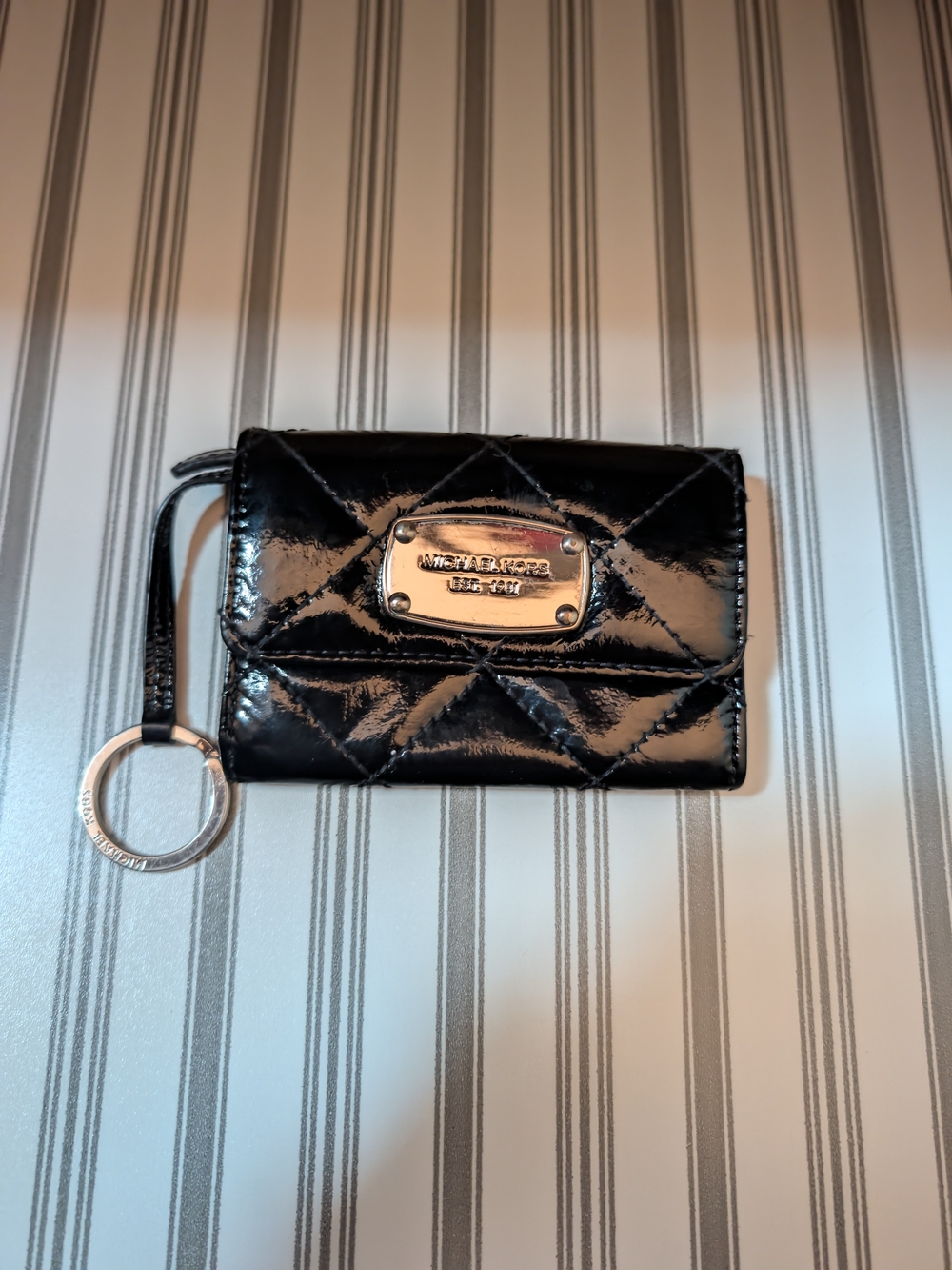 Michael Kors Black Quilted Patent Leather Card Case Keychain